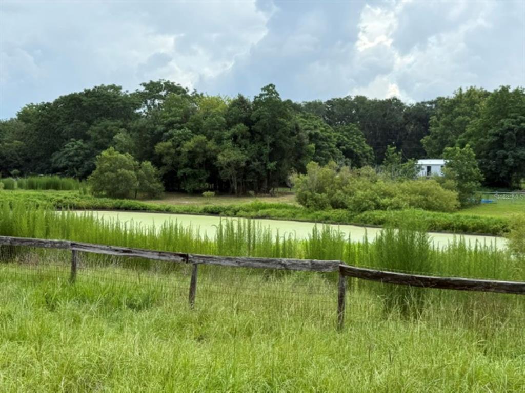 A wooden fence borders a grassy field in front of a pond and dense trees — 5890 SE 145TH STREET, SUMMERFIELD, FL