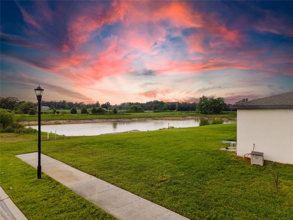 A grassy backyard features a pond under a vibrant sunset sky next to a house — 3303 ASHER MOON LANE, ZEPHYRHILLS, FL