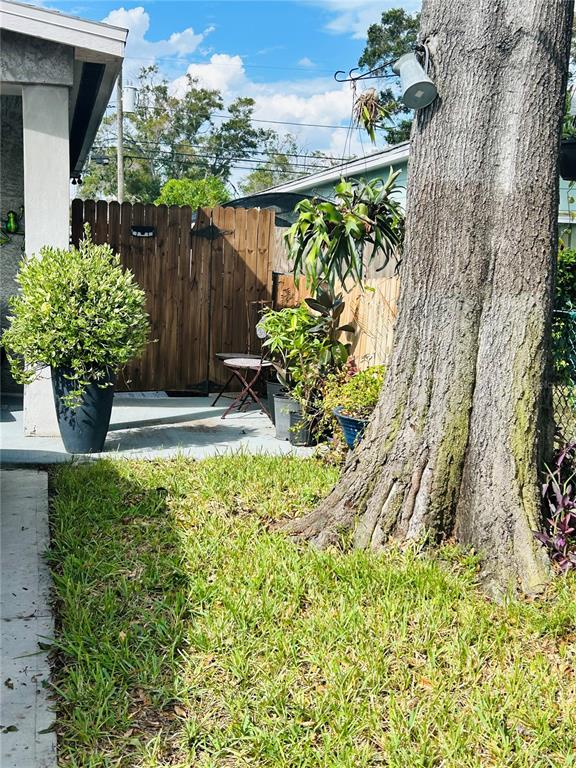 A large tree trunk stands in a grassy yard next to a wooden fence and patio — 4611 14TH AVENUE S, ST PETERSBURG, FL