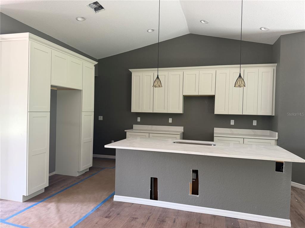 A kitchen features white cabinets, a central island with a countertop, and dark gray walls — 4869 SE 24TH STREET, OCALA, FL