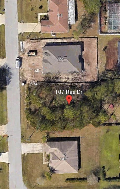 This satellite view shows a vacant, wooded lot situated between two residential houses — 107 RAE DRIVE, PALM COAST, FL