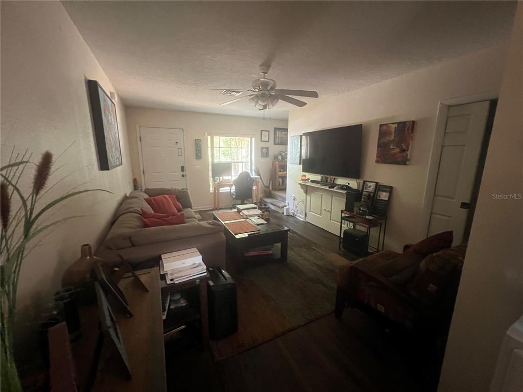 A living room features a sofa, a television mounted on the wall, and a ceiling fan — 1120 S MARY STREET, EUSTIS, FL