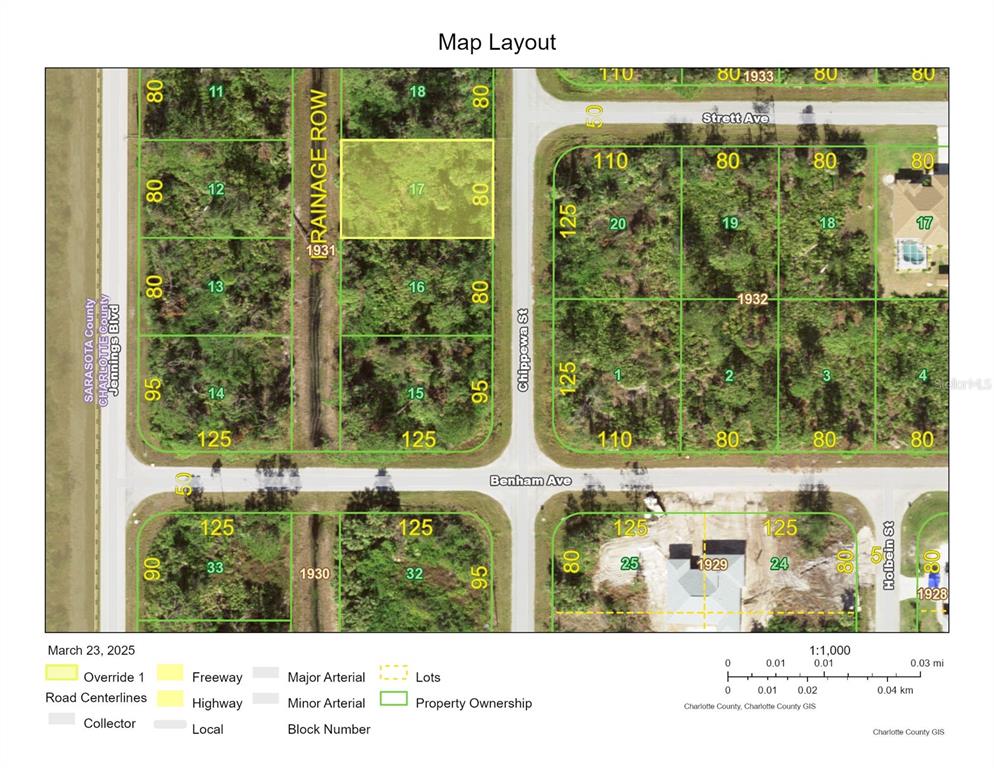 This map layout displays property lot lines and parcel numbers for a residential area — 4097 CHIPPEWA STREET, PORT CHARLOTTE, FL