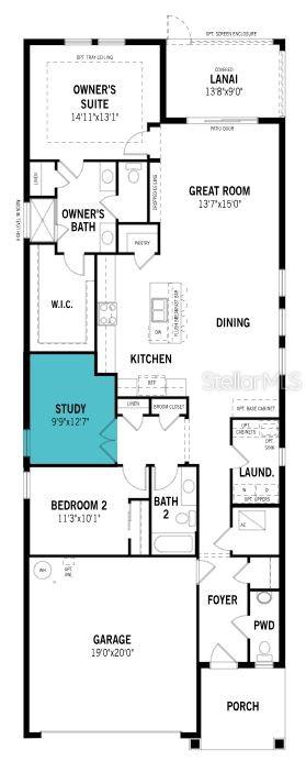 This is a floor plan for a single-story home featuring a garage, kitchen, and lanai — 12128 MEDITATION TRAIL, VENICE, FL