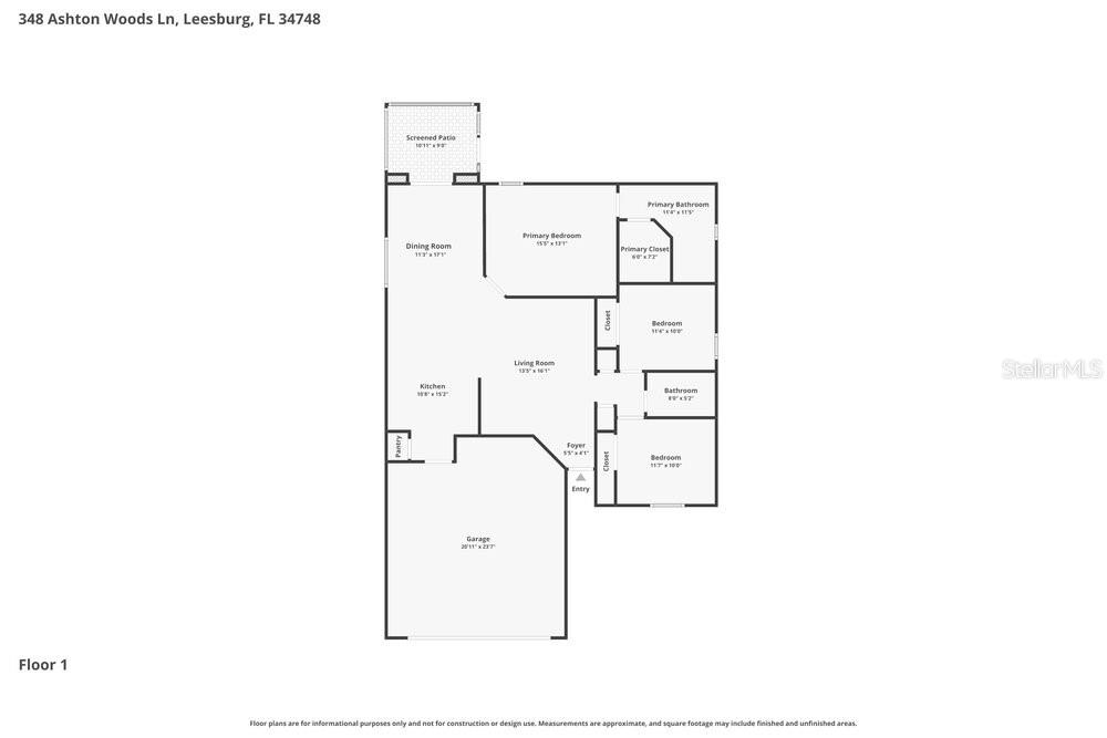 This is a floor plan for a single-story house with a garage and screened patio — 348 ASHTON WOODS LANE, LEESBURG, FL