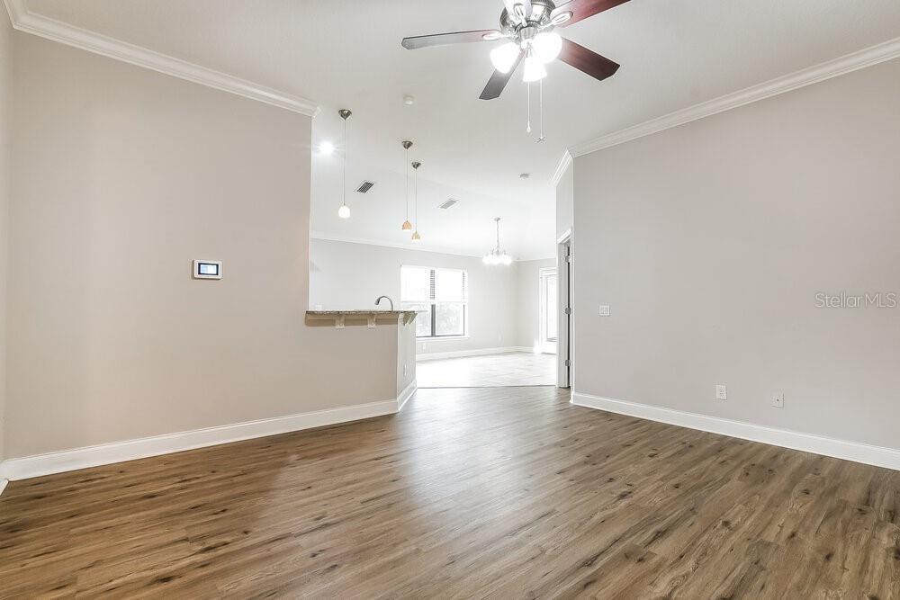 An empty living room with wood-look flooring and a pass-through to the kitchen — 348 ASHTON WOODS LANE, LEESBURG, FL