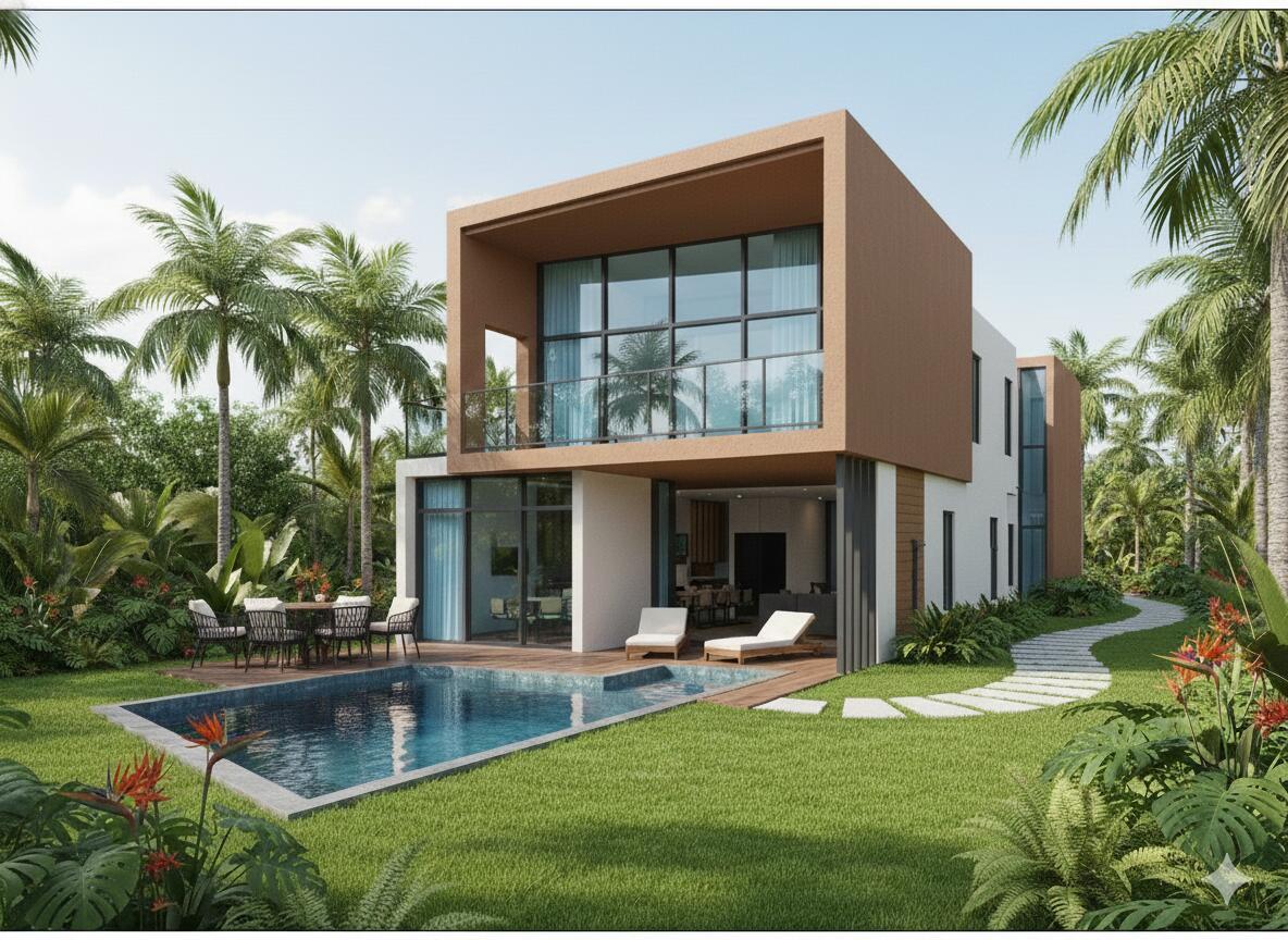 A rendering of a modern two-story villa with a private pool and tropical landscaping — 265 E 23rd Street, Riviera Beach FL 33404, RIVIERA BEACH, FL