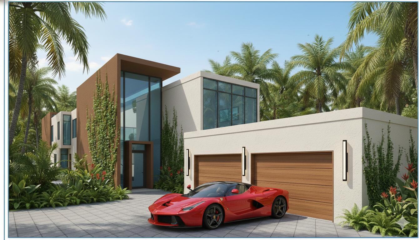A rendering of a modern two-story house with a red sports car parked outside — 265 E 23rd Street, Riviera Beach FL 33404, RIVIERA BEACH, FL