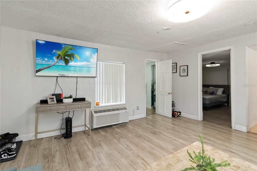 A living room features light wood-look flooring, a wall-mounted television, and two doorways — 710 BAY STREET, KISSIMMEE, FL