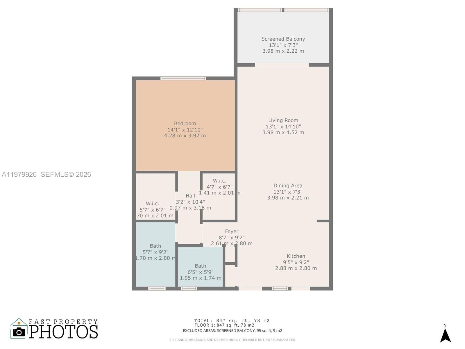This is a floor plan for a one-bedroom apartment with two bathrooms and a balcony — 610 NE 12th Ave # 203, Hallandale Beach FL 33009, HALLANDALE BEACH, FL