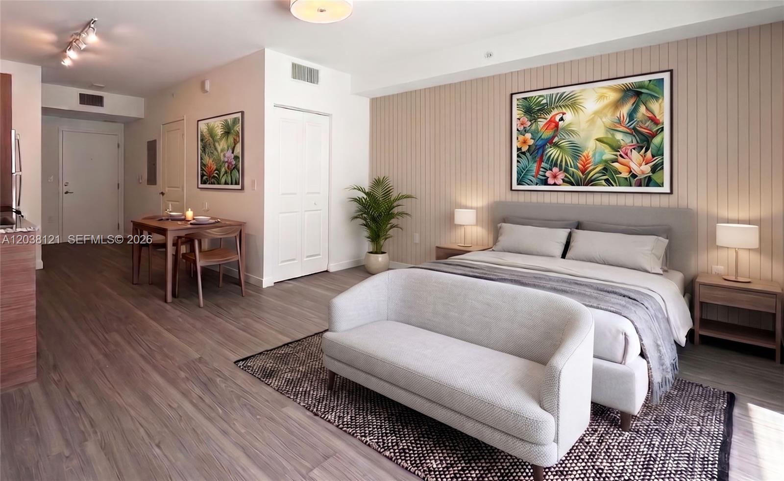 This is a rendering of a studio apartment featuring a bed, sofa, and dining area — 315 NW 27th Ave # 424, Miami FL 33125, MIAMI, FL