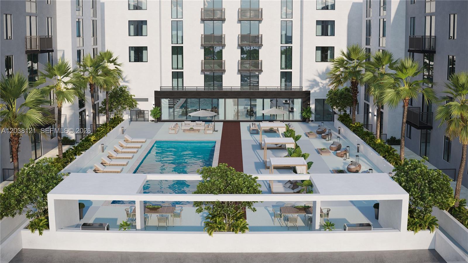 This is a rendering of an outdoor swimming pool area with lounge chairs and cabanas — 315 NW 27th Ave # 424, Miami FL 33125, MIAMI, FL