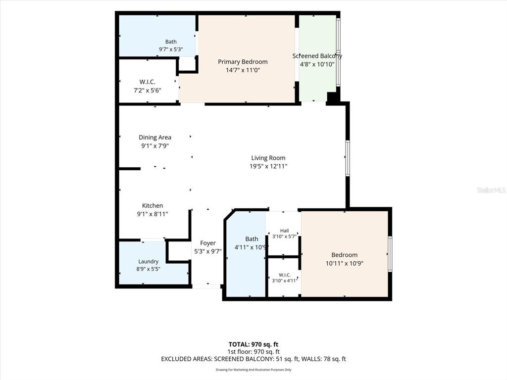 This is a floor plan for a two-bedroom, two-bathroom apartment with a screened balcony — 10201 COURTNEY PALMS BOULEVARD UNIT 304, TAMPA, FL
