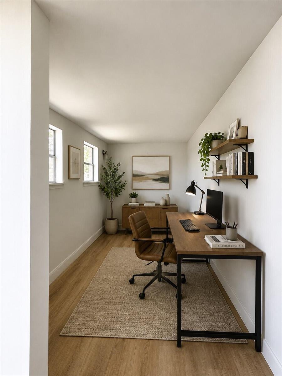 A home office features a wooden desk, leather chair, floating shelves, and a neutral rug — 2024 Dixie Avenue, FL 32726, FL