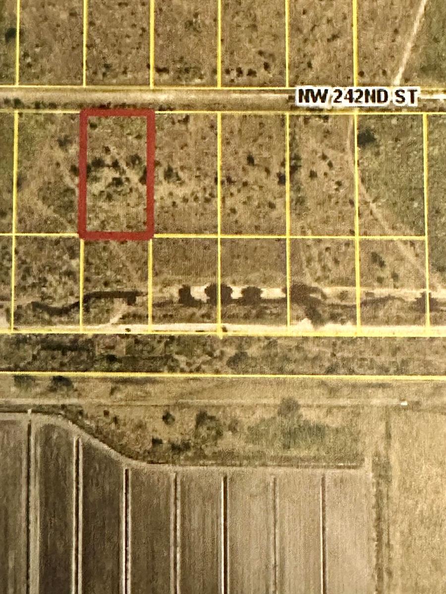An aerial map shows a rectangular plot of land highlighted in red near a road — 22076 NW 242nd Street, Okeechobee FL 34972, OKEECHOBEE, FL