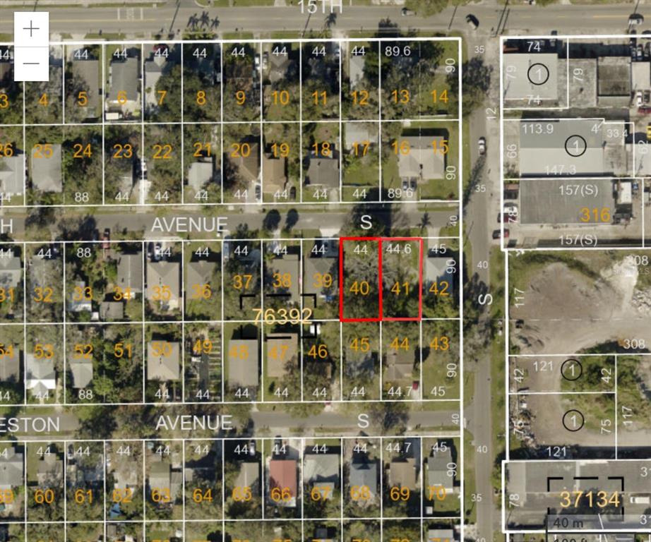 This is a satellite map view showing two adjacent rectangular residential lots highlighted in red — 5106 16TH AVENUE S, GULFPORT, FL