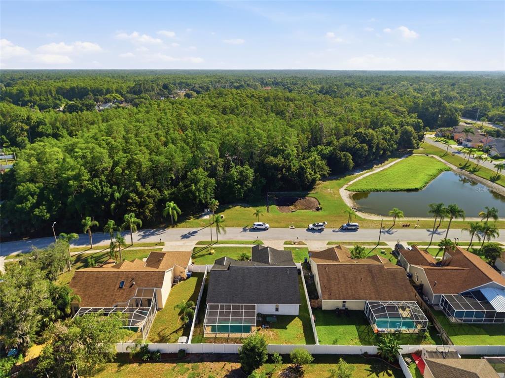 An aerial view shows several suburban houses with screened-in pools facing a road and forest — 10050 HERMOSILLO DRIVE, NEW PORT RICHEY, FL