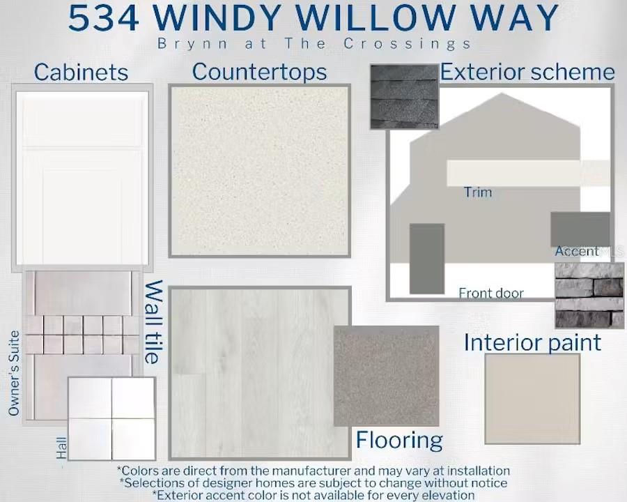 This design board displays material and color selections for a home's interior and exterior finishes — 534 WINDY WILLOW WAY, ST CLOUD, FL