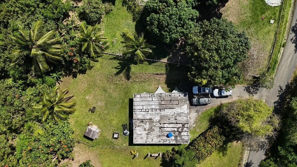 An aerial view shows a house with a flat roof, surrounding trees, and parked vehicles — CaracolSol SECTOR JUAN MUÑIZ, AGUADA, PR