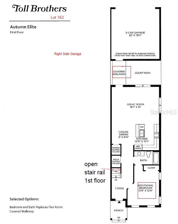 This floor plan shows the first level of a home featuring a garage and courtyard — 12792 SUNSET WALK DRIVE, WINTER GARDEN, FL