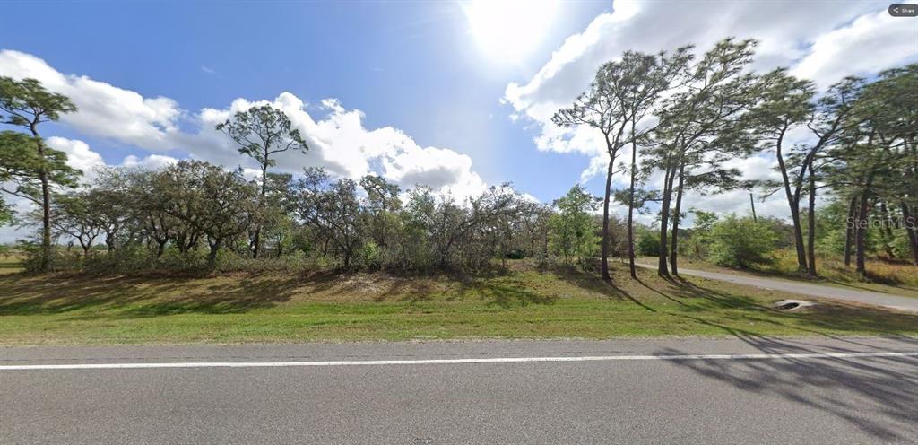 A vacant, grassy lot with scattered trees and shrubs sits alongside a paved road — COMMONWEALTH AVE N, POLK CITY, FL
