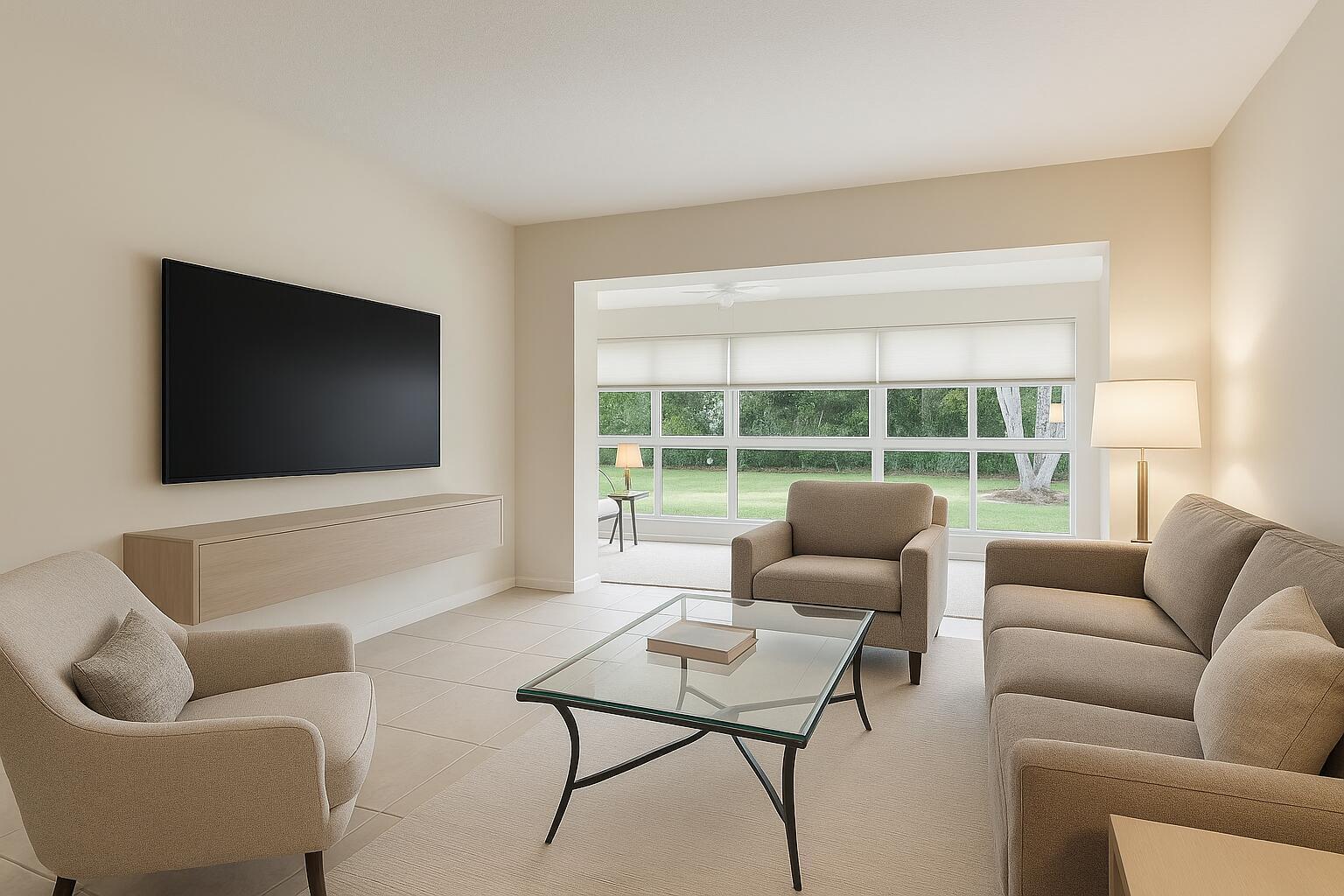 A living room with a wall-mounted television, beige furniture, a glass coffee table, and windows — 3401 Spanish Trail # 151, Delray Beach FL 33483, DELRAY BEACH, FL