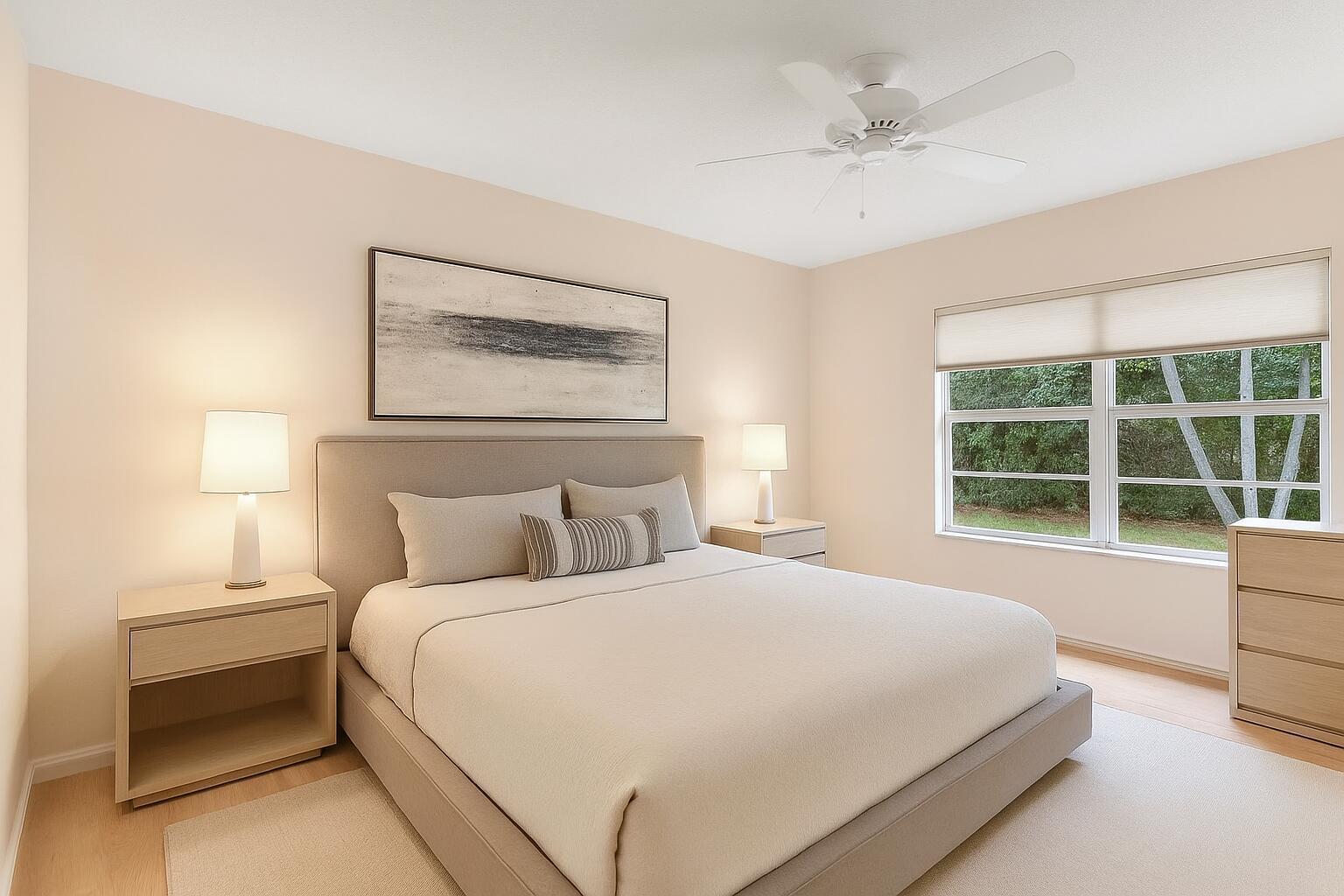A bedroom features a neutral-toned bed, two nightstands, a ceiling fan, and a large window — 3401 Spanish Trail # 151, Delray Beach FL 33483, DELRAY BEACH, FL