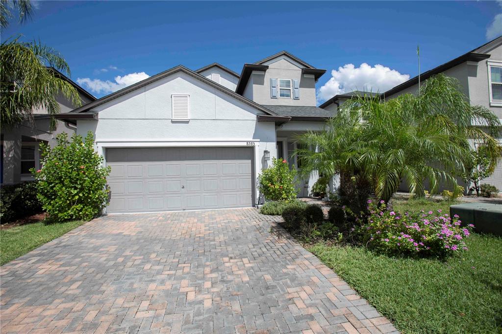 A two-story house with a gray garage door, a paved driveway, and a palm tree — 8585 WINNING FIELDS ROAD, NEW PORT RICHEY, FL