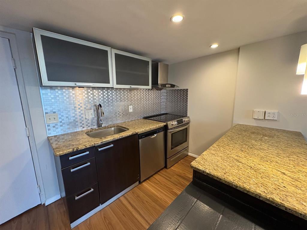 A kitchen features dark cabinets, granite countertops, stainless steel appliances, and a tiled backsplash — 701 S MADISON AVENUE UNIT 309, CLEARWATER, FL