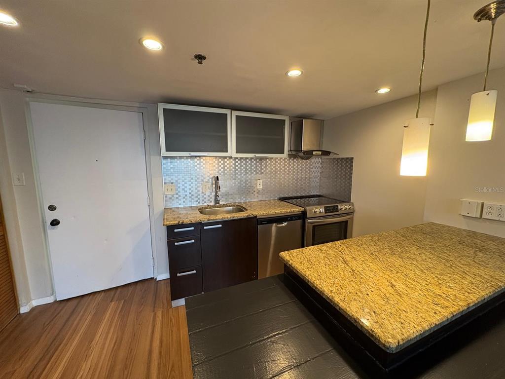 A kitchen features dark cabinets, granite countertops, stainless steel appliances, and a tiled backsplash — 701 S MADISON AVENUE UNIT 309, CLEARWATER, FL