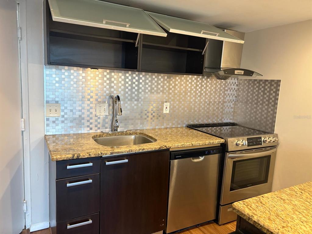 A kitchen features dark cabinets, granite countertops, stainless steel appliances, and a metallic tiled backsplash — 701 S MADISON AVENUE UNIT 309, CLEARWATER, FL