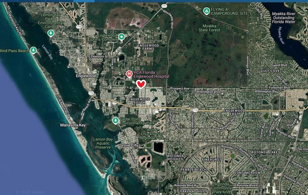 This is a satellite map showing the Englewood, Florida area with various landmarks and roads — 1252 KINGFISHER DRIVE, ENGLEWOOD, FL