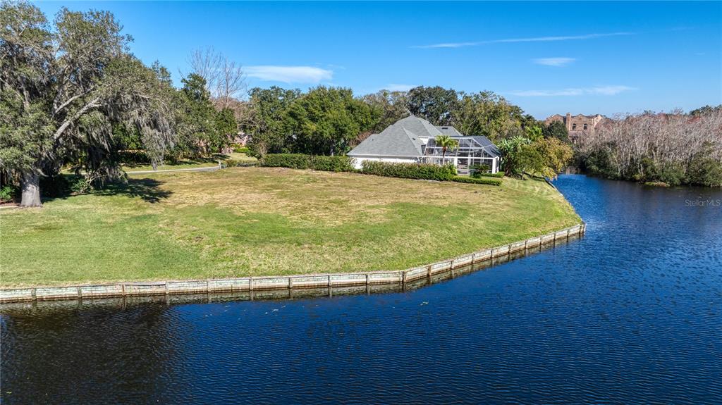 An aerial view shows a grassy waterfront lot next to a house with a pool — 814 TARAY DE AVILA, TAMPA, FL