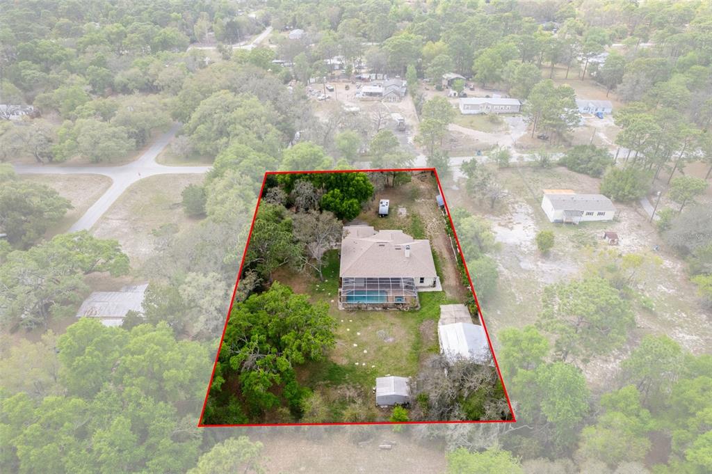 An aerial view shows a house with a pool and shed on a wooded lot — 17948 GREENSBORO STREET, SPRING HILL, FL
