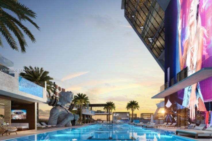 This is a digital rendering of a modern outdoor pool deck with a large video screen — 20 NE 11th ST # 4807A, Miami FL 33132, MIAMI, FL