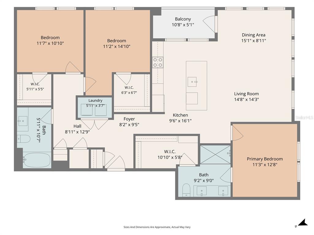 This is a floor plan for a three-bedroom apartment with a balcony and open kitchen — 1700 RANCH ROAD UNIT C1-7213, NOKOMIS, FL