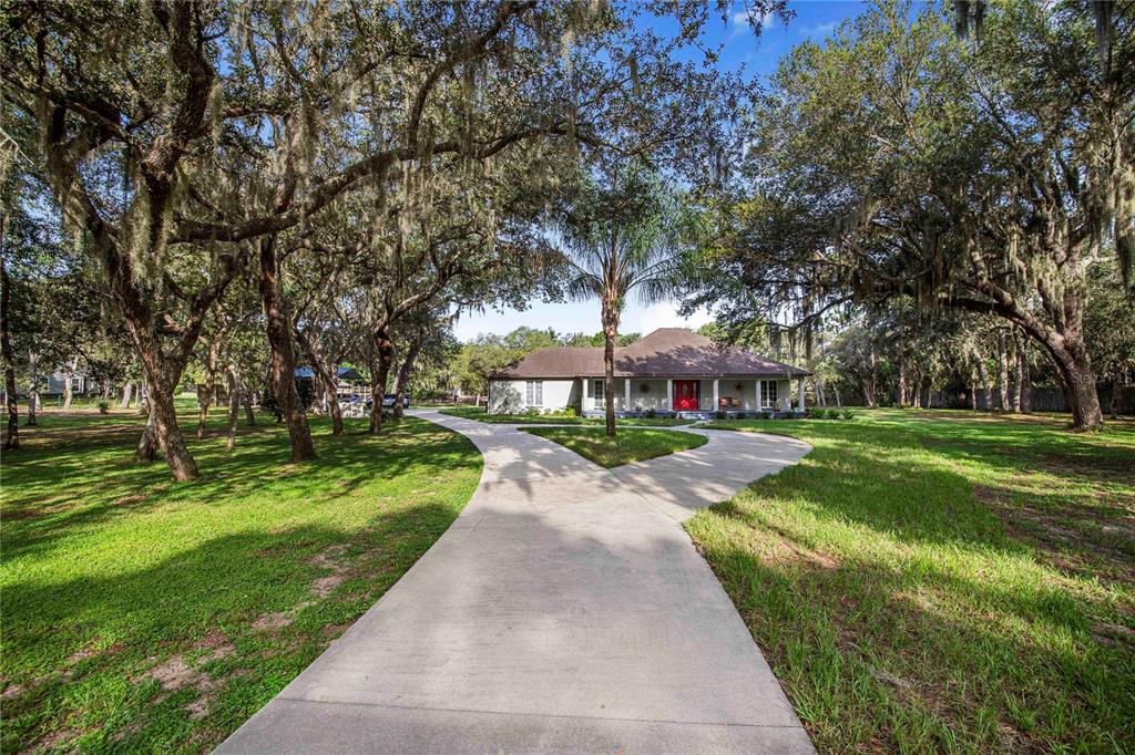 A concrete driveway leads to a single-story house surrounded by large, moss-covered oak trees — 10740 JIM EDWARDS ROAD, HAINES CITY, FL
