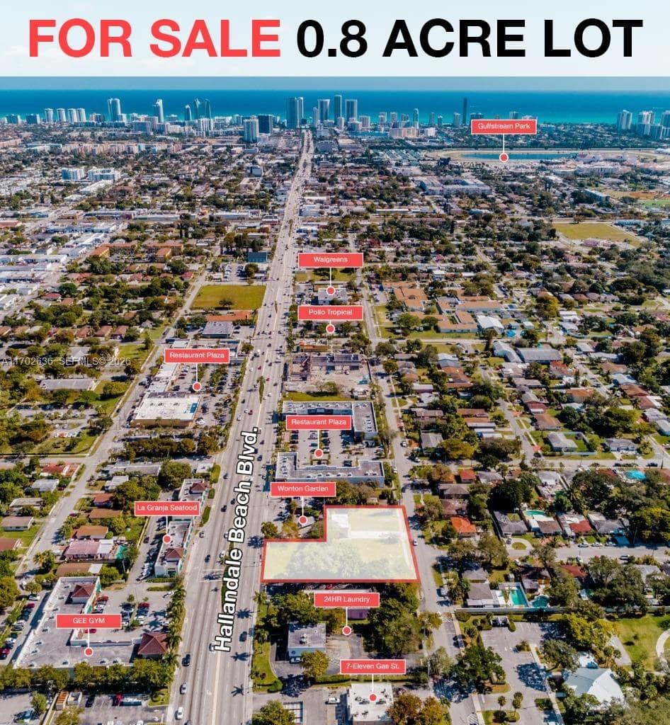 An aerial map view highlights a vacant 0.8-acre lot located along a busy commercial boulevard — 721 W Hallandale Beach Blvd, Hallandale Beach FL 33009, HALLANDALE BEACH, FL