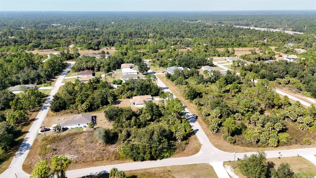 An aerial view shows several houses scattered among dense trees and vegetation along paved roads — FIELDING STREET, NORTH PORT, FL