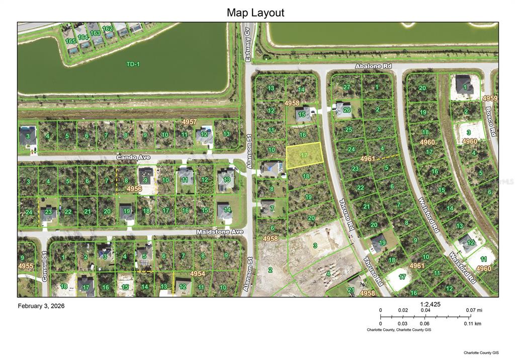 This is a map layout showing residential lots and streets in a neighborhood — 8071 THRUSO ROAD, PORT CHARLOTTE, FL
