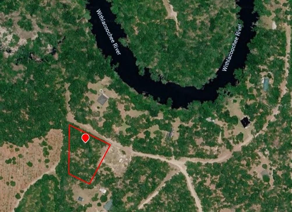 This aerial map shows a wooded lot outlined in red near the Withlacoochee River — NE WILLOW BEND TERRACE, LEE, FL
