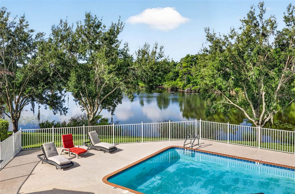 A swimming pool with lounge chairs sits on a patio overlooking a lake and trees — 7425 TERRACE RIVER DRIVE, TAMPA, FL