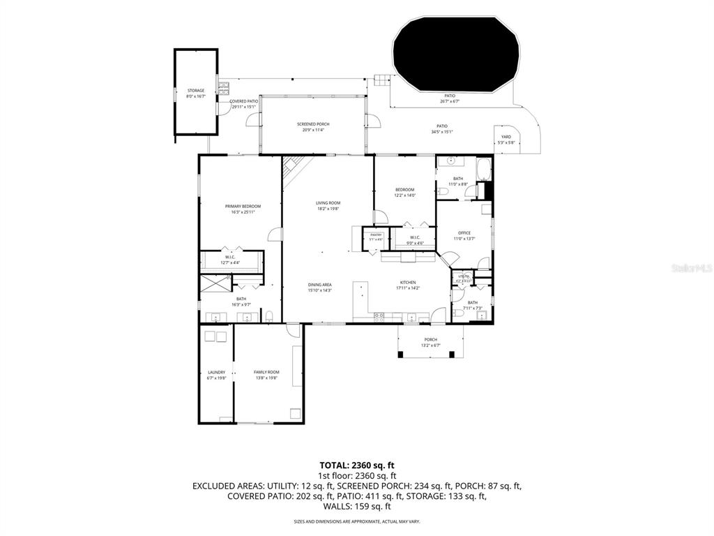 This is a floor plan of a single-story house with a pool and patio area — 134 BOWFIN DRIVE, PALATKA, FL