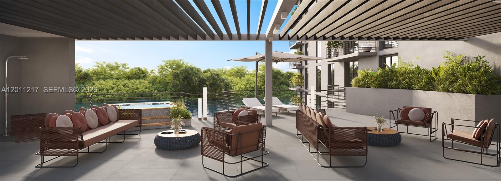 This is a rendering of a modern outdoor terrace featuring lounge seating and a hot tub — 18550 NE 23rd Ct # 203, Miami FL 33180, MIAMI, FL