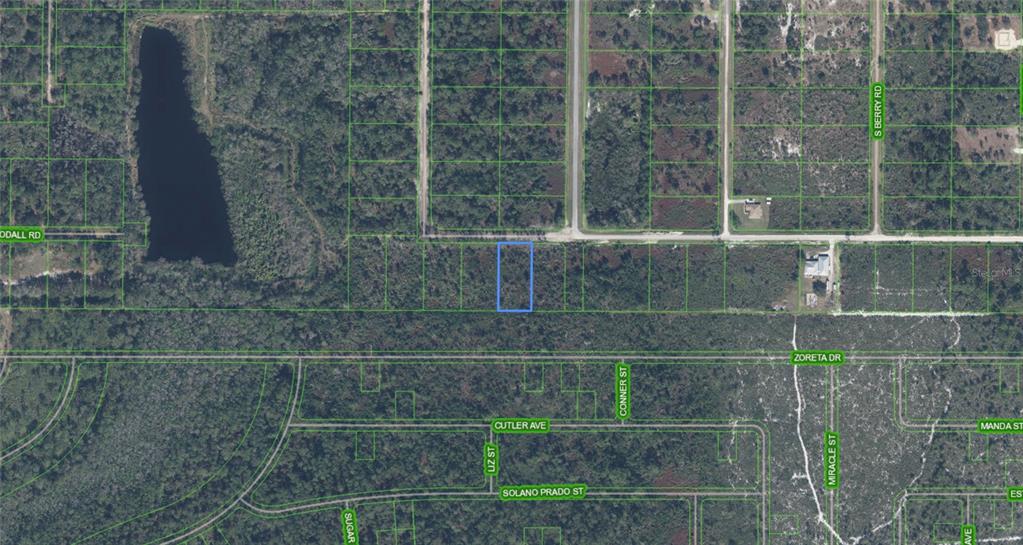 An aerial map shows a highlighted rectangular plot of land surrounded by undeveloped wooded areas — 2713 W LITTLE ROAD, AVON PARK, FL