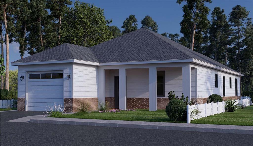 A digital rendering of a single-story house with white siding, brick accents, and a garage — 107 N 21ST STREET N, FORT PIERCE, FL