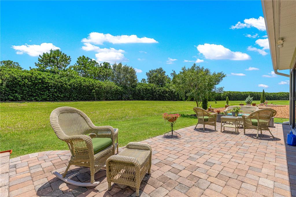 A paved patio features wicker furniture overlooking a large grassy backyard with a hedge border — 8689 SW 93RD CIRCLE, OCALA, FL