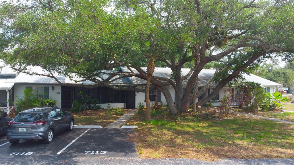 A single-story residential building with a large tree in front and a parked car — 7115 PARKSIDE VILLAS DR N, ST PETERSBURG, FL