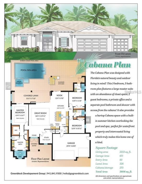 This is a floor plan and front elevation rendering for a three-bedroom residential home design — 10508 MCALESTER CIRCLE, PORT CHARLOTTE, FL