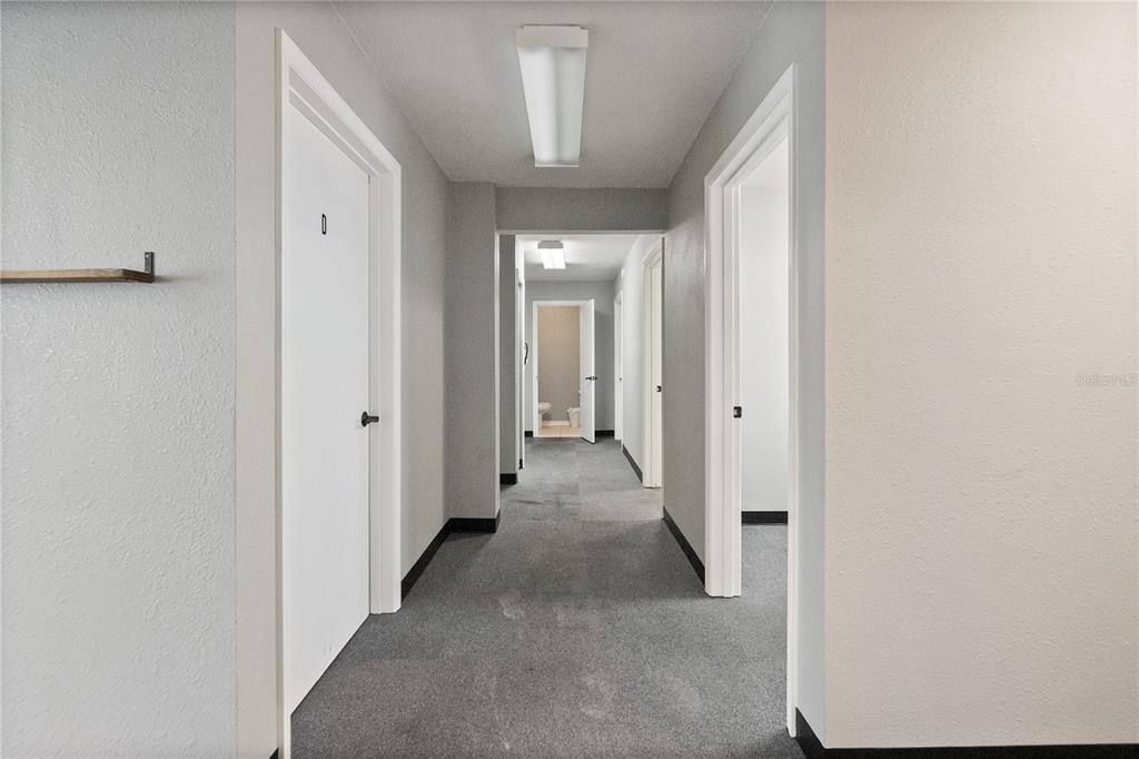 A hallway with gray carpet, white walls, and multiple white doors leads to a bathroom — 684 W MONTROSE STREET UNIT 690/E, CLERMONT, FL